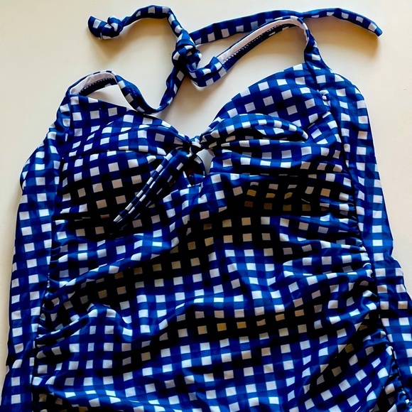 Womens Sexy One Piece Swimsuit Tie Back Blue Checkered Gingham Bikini Swimwear - Picture 3 of 7
